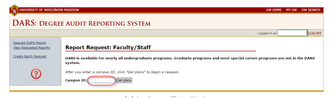 screenshot of DARS page with box around Enter Campus ID