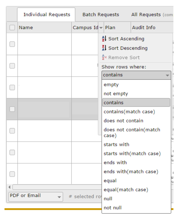 screenshot showing options under Show rows where from drop down menu