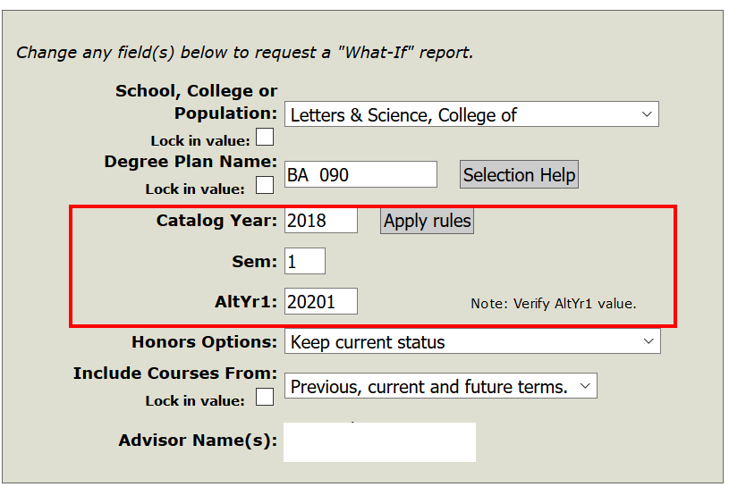screenshot of What If Apply Rules with box around catalog year, semester and AltYear 1 