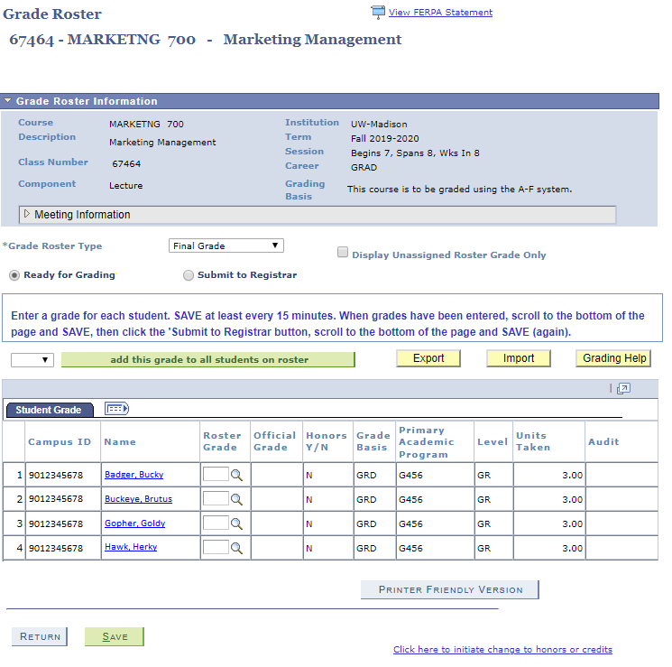 Grade Roster screenshot of Marketing 700