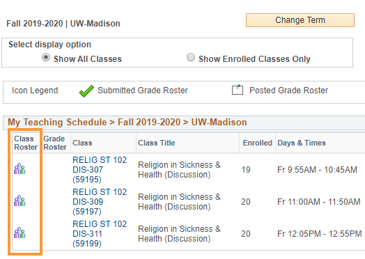 screenshot of My Teach Schedules table for a term in SIS with box around icons in Class Roster column