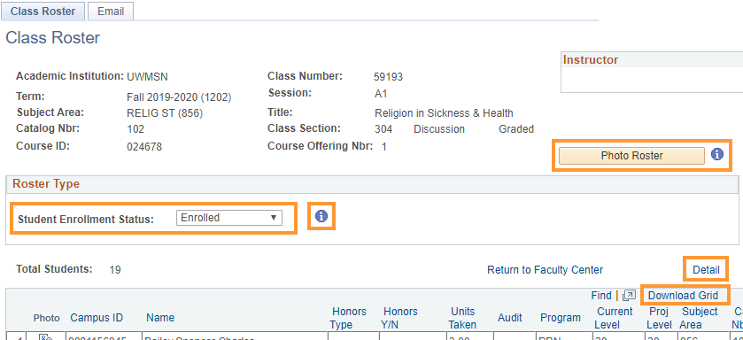 Class roster tab with boxes around Student Enrollment Status, information icon, photo roster button, Details link, and Download Grid link