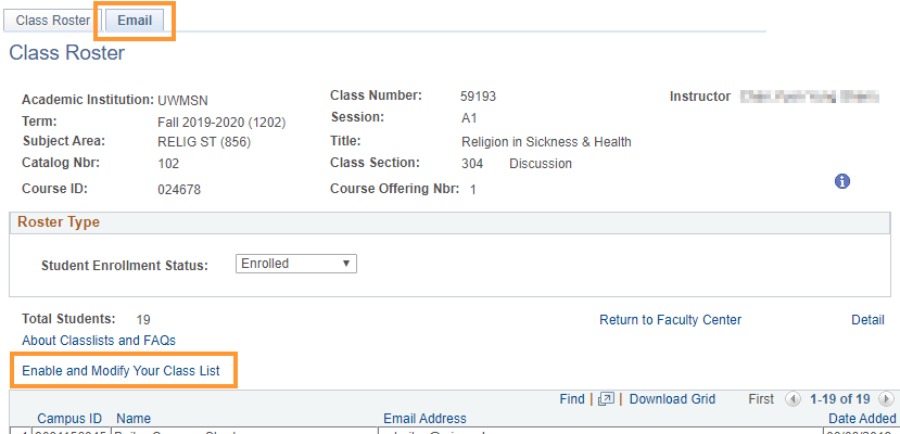 Email tab Email tab of Class Roster with box around tab name and Enable and Modify Your Class List link