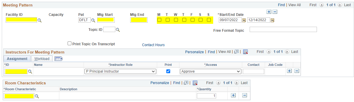 Required fields are highlighted on the meetings tab