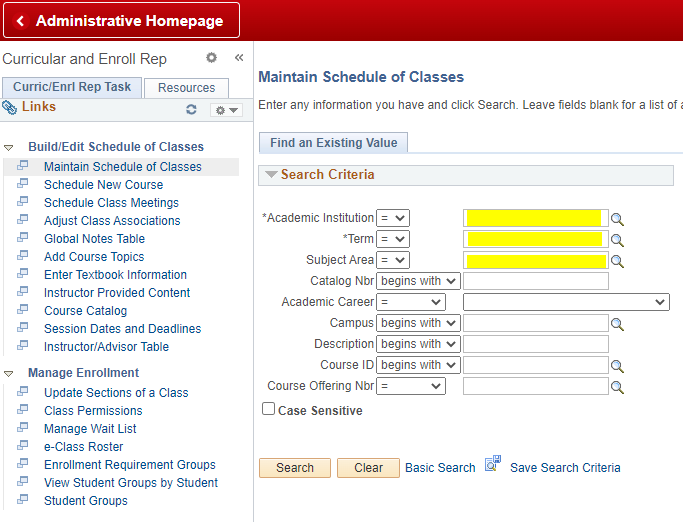 Search page with required fields highlighted