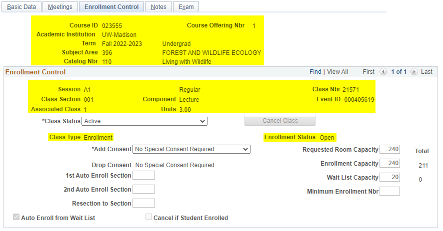 Enrollment control tab display fields