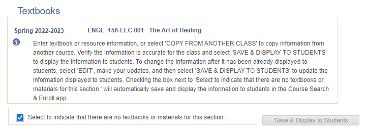 Select box to indicate no textbooks or materials