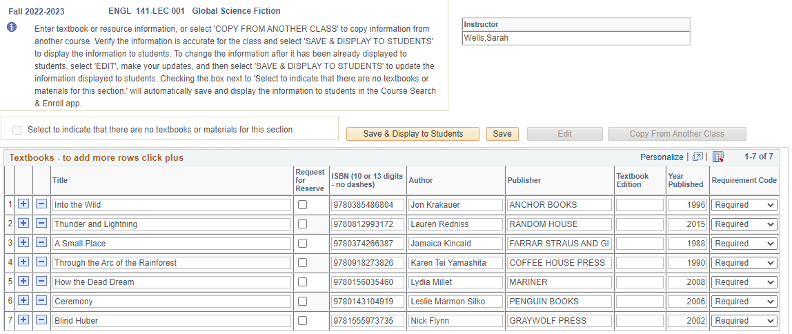 Textbooks page showing list of required materials 