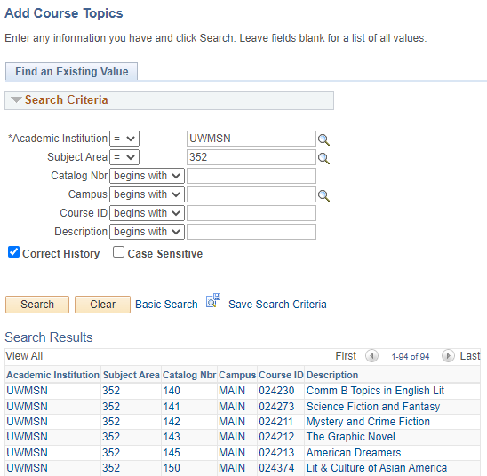 Add Course Topics search page