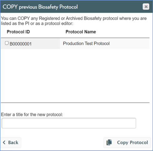 Screenshot of Copy previous Biosafety Protocol election Window