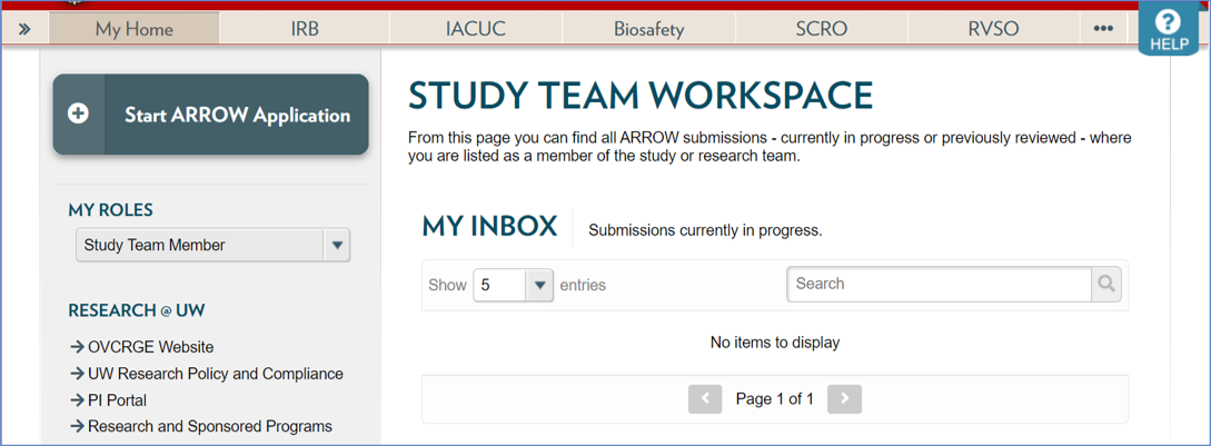 Screenshot of the My Home page, My Inbox on the Study Team Workspace page