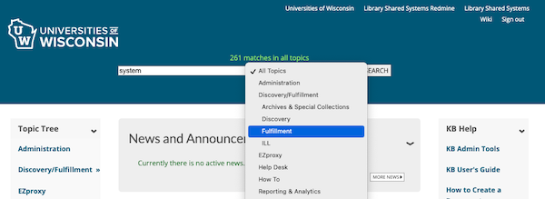 KB search example showing topic drop-down menu