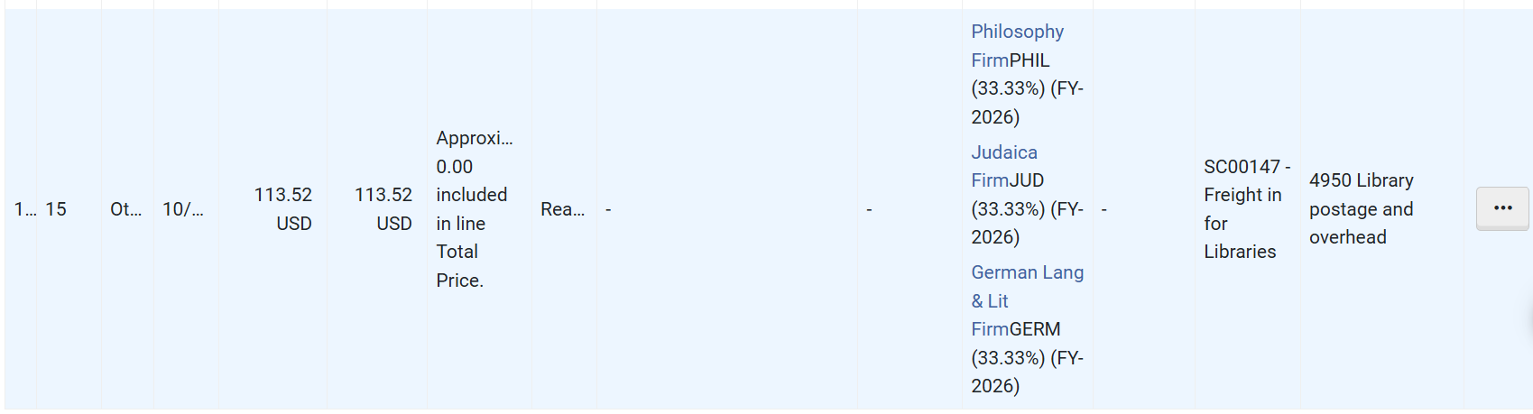 Screenshot of Alma invoice shipping line with split funds
