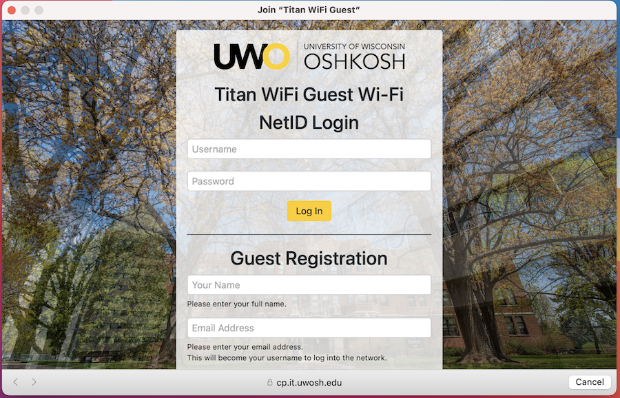 Screenshot of the captive login portal for Titan Wifi Guest