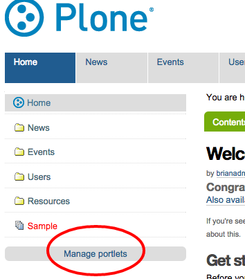 Manage Portlets link Manage Portlets link