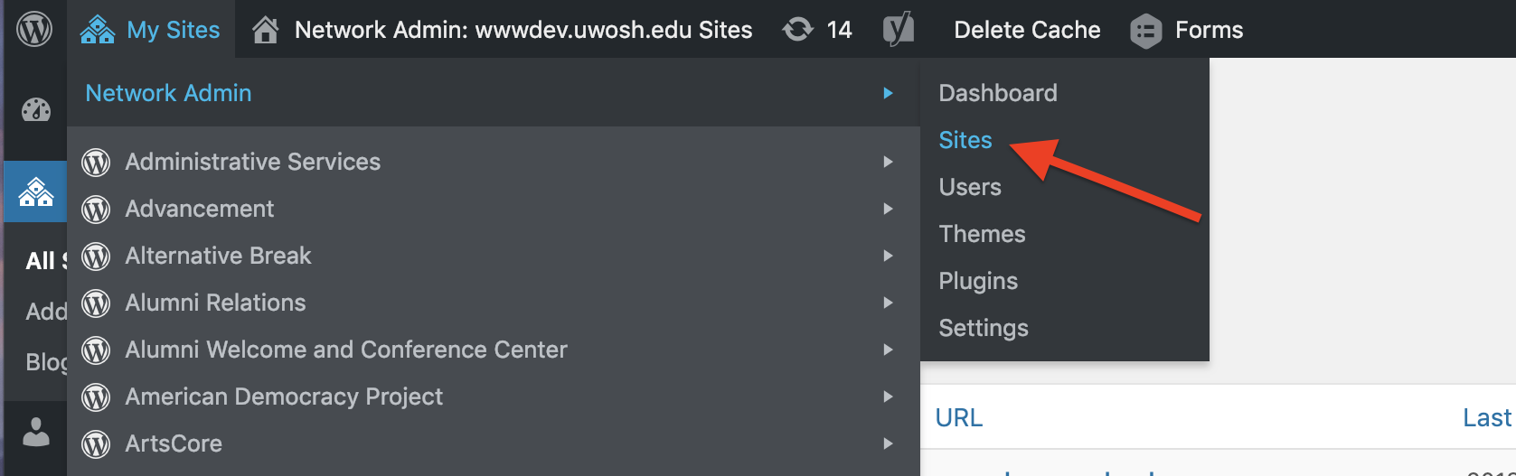 Navigate to Network Admin site list. Navigate to Network Admin site list.