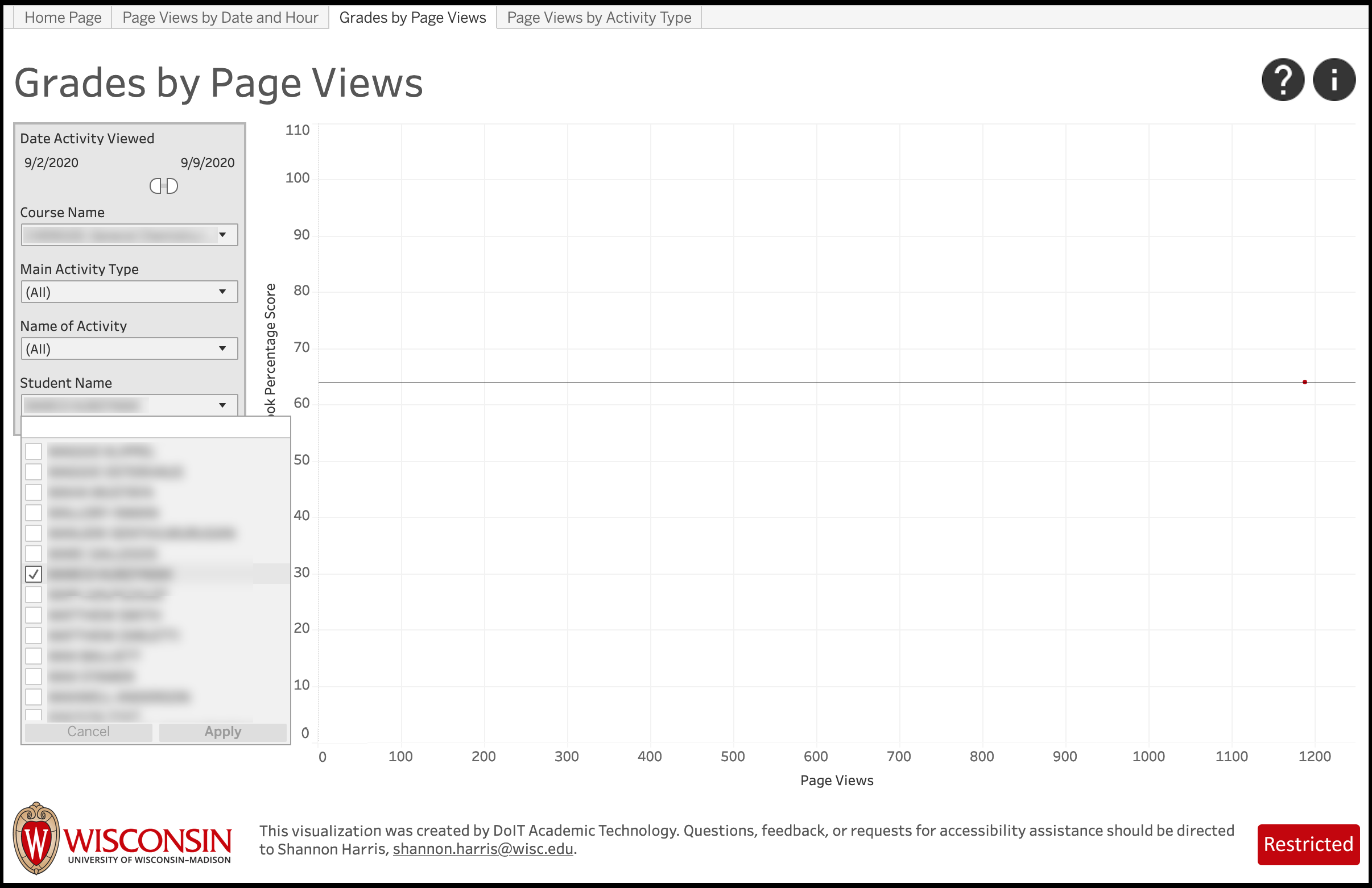 LEAD Grades by Page Views screenshot example. Filter by student