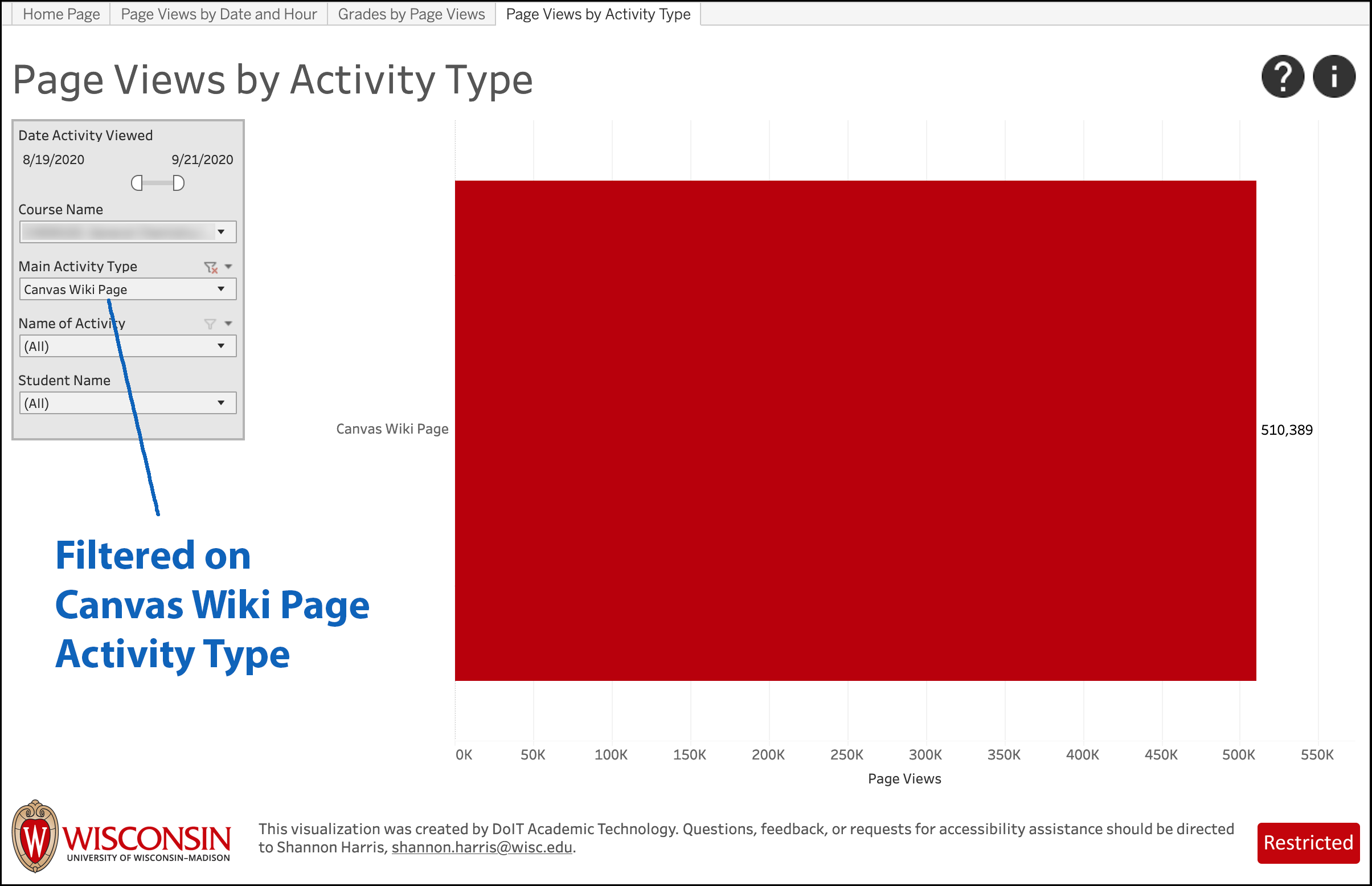 LEAD screenshot - Page Views by Activity Type, filtered to Activity Type
