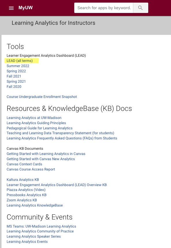 widget contents showing links to LEAD and KB docs
