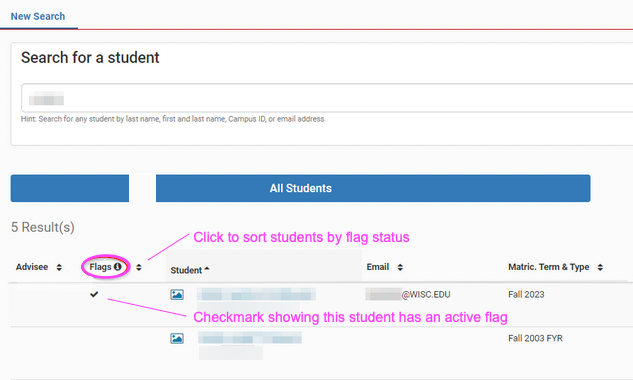 search for a student on advisor gateway - view Canvas flag