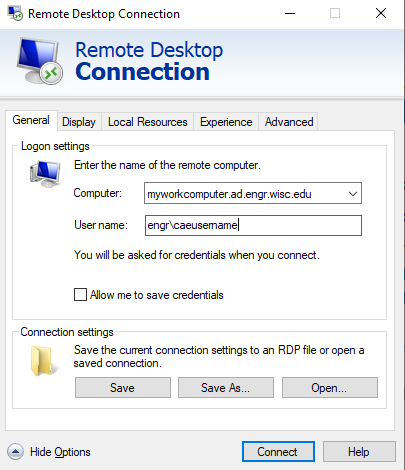 RDP Connection Options