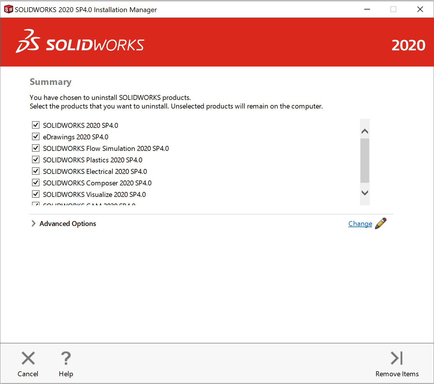 SOLIDWORKS Installation Manager will open and give several program options with check boxes next to them. All the checkboxes are checked off. On the bottom of this, there will be a cancel, help, and remove items buttons. 