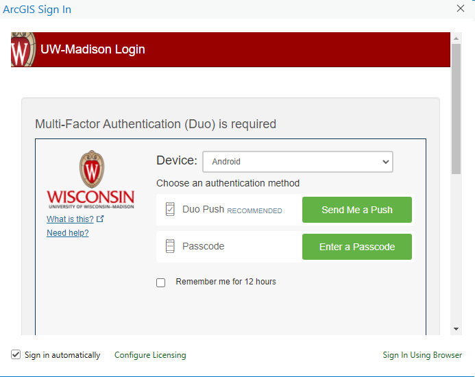 MFA Duo Screen for ArcGIS Pro NetID login