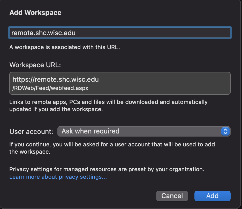 Add workspace dialog box