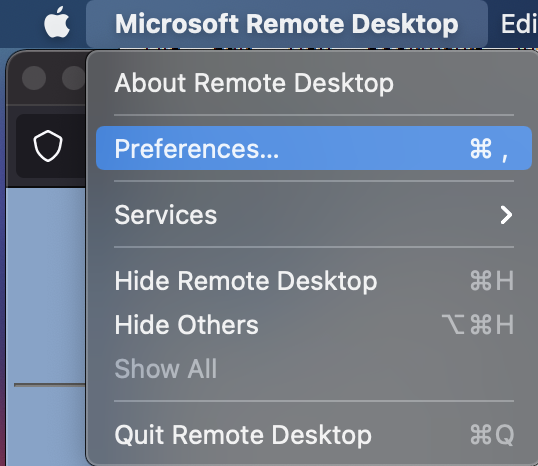 Remote Desktop Preferences menu item