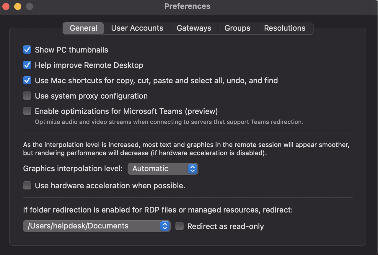 Preferences window showing folder redirect