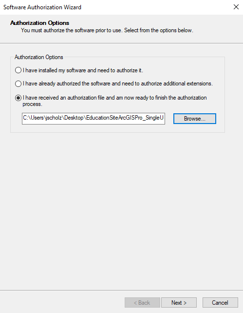 ArcGIS Licensing Screen - Authorization Options