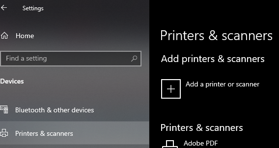 Printers and scanners add device in Windows Settings