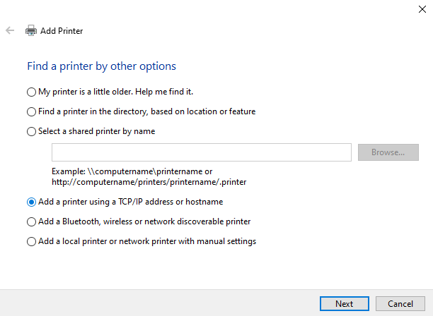 Add a printer using tcpip address