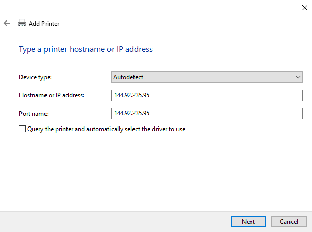 Add Printer wizard screen with port and IP information