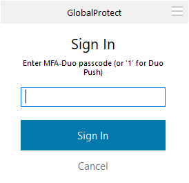 MFA Duo screen - 1 for push, or else enter code