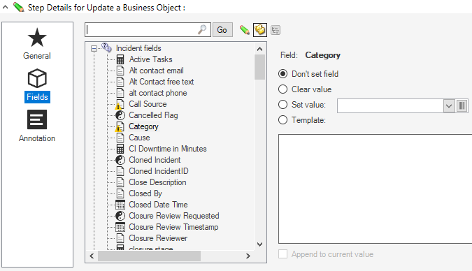 Example of the Fields Tab in the Cherwell Editor