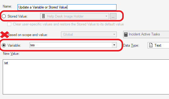 Example of only using the Variable or Stored Value options in the Cherwell Editor