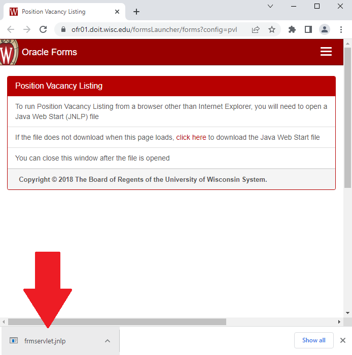 Screenshot of Chrome browser with arrow pointing to downloaded file frmservlet.jnlp