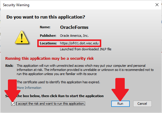 Screenshot of brower security warning with arrows pointing to accept and run buttons