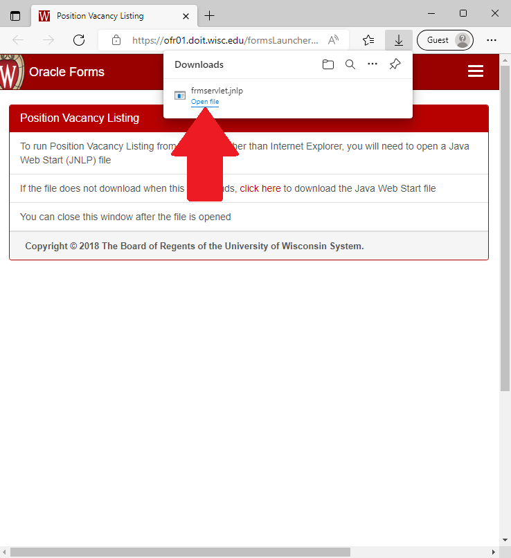 Screenshot of Edge browser with arrow pointing to downloaded file frmservlet.jnlp