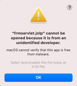 Screenshot of macOS error message preventing a UW-Madison Java application from opening due to being from an unidentified developer