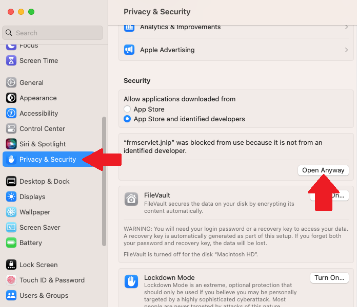Screenshot of System Preferences in macOS with arrow pointing to Security & Privacy button