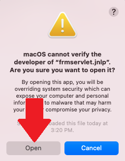 Screenshot of confirmation message from macOS to open the UW-Madison Java application