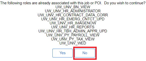Screenshot of HRS pop-up message notifying that user already has roles included in request