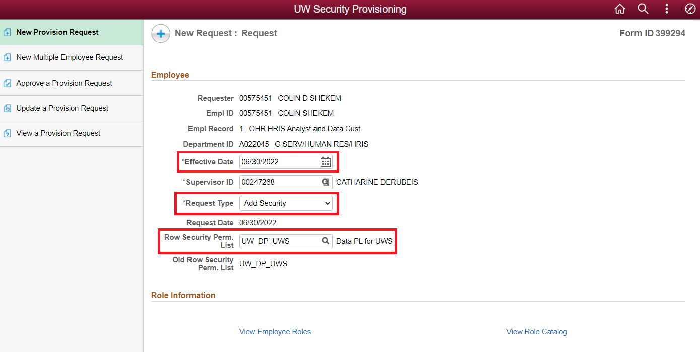 Screenshot of HRS New Request screen with Effective Date, Request Type, and Row Security Perm List fields highlighted