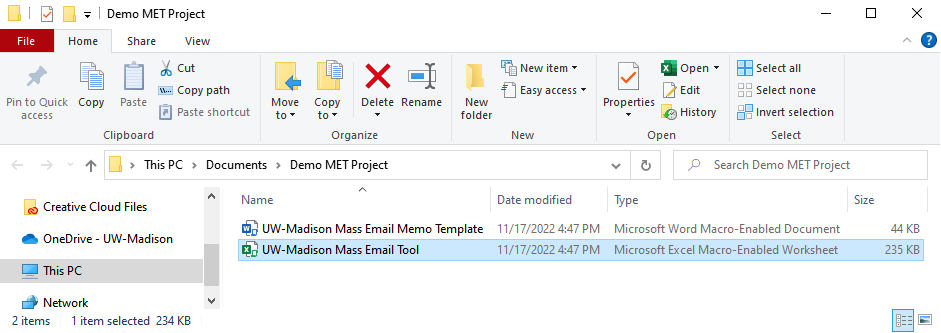 Screenshot of Windows File Explorer with UW-Madison Mass Email Tool file highlighted