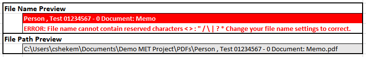 Screenshot of reserved character error in Set File Naming sheet