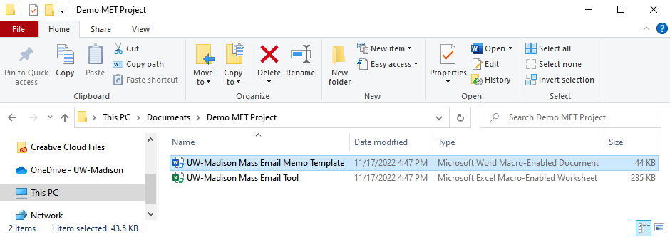 Screenshot of Windows File Explorer with UW-Madison Mass Email Memo Template file highlighted