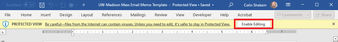 Screenshot of Memo Template file with Enable Editing button highlighted in red rectangle