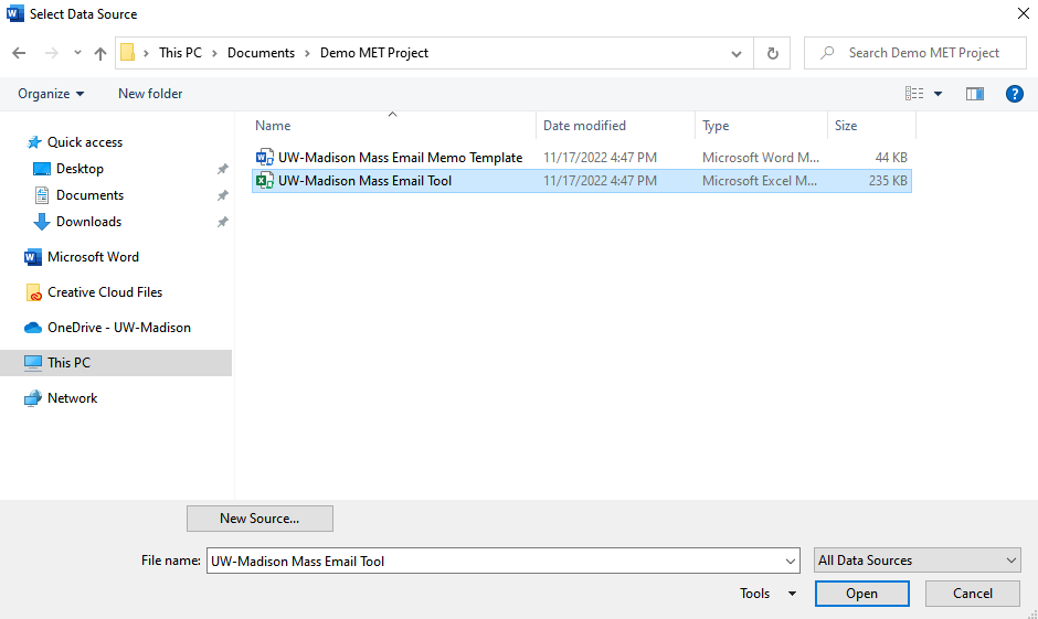 Screenshot of Word Select Data Source dialog window with Mass Email Tool selected